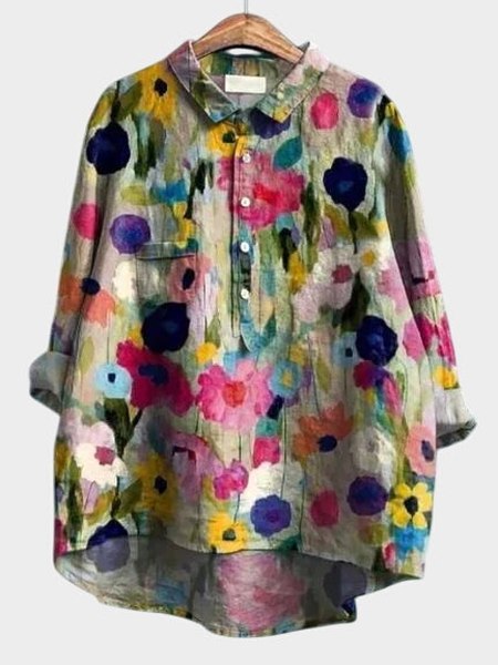 Effortless Floral Blouse for Women with Collared Elbow Sleeve Button Front Flowing Casual Style