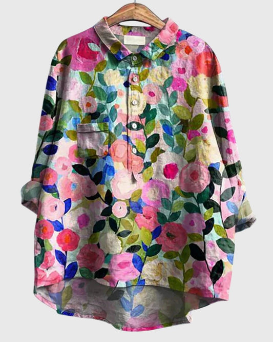 Effortless Floral Blouse for Women with Collared Elbow Sleeve Button Front Flowing Casual Style
