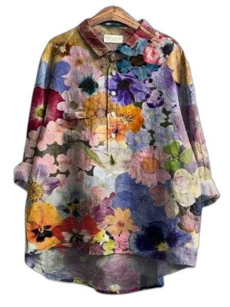 Effortless Floral Blouse for Women with Collared Elbow Sleeve Button Front Flowing Casual Style