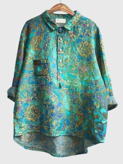 Effortless Floral Blouse for Women with Collared Elbow Sleeve Button Front Flowing Casual Style
