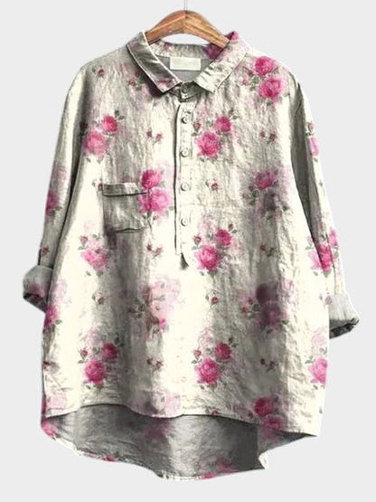 Effortless Floral Blouse for Women with Collared Elbow Sleeve Button Front Flowing Casual Style