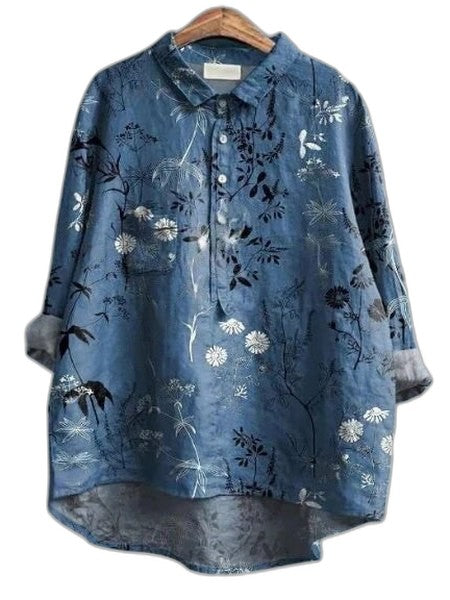 Effortless Floral Blouse for Women with Collared Elbow Sleeve Button Front Flowing Casual Style