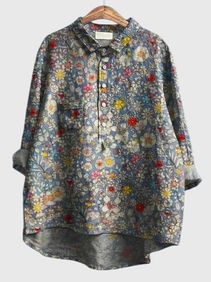 Effortless Floral Blouse for Women with Collared Elbow Sleeve Button Front Flowing Casual Style