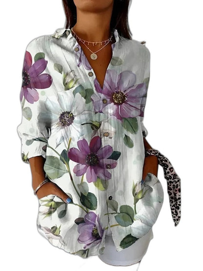 Effortless Floral Blouse for Women with Collared Long Sleeve Button Front Casual Style