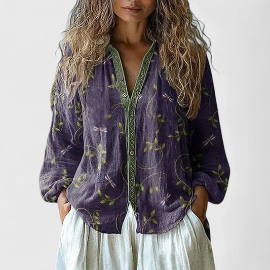 Effortless Floral Blouse for Women with Collared Long Sleeve Button Front Flowing Casual Style