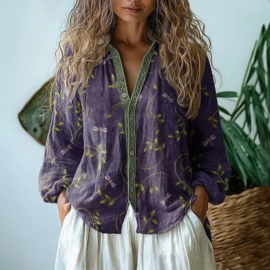 Effortless Floral Blouse for Women with Collared Long Sleeve Button Front Oversized Casual Style