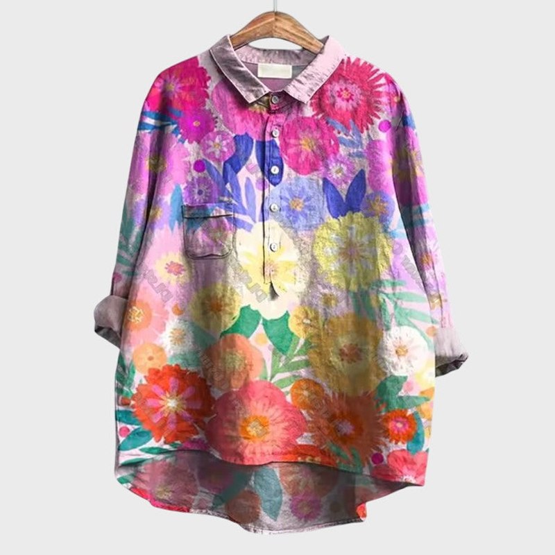 Effortless Floral Blouse for Women with Collared Long Sleeve Button Front Oversized Casual Style