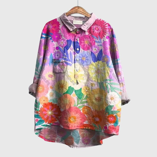 Effortless Floral Blouse for Women with Collared Long Sleeve Button Front Oversized Casual Style