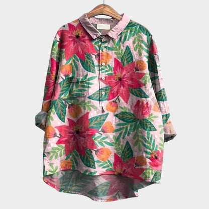Effortless Floral Blouse for Women with Collared Long Sleeve Button Front Oversized Casual Style