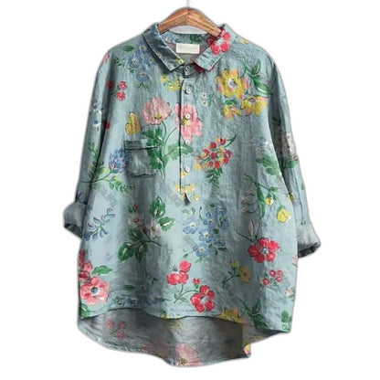 Effortless Floral Blouse for Women with Collared Long Sleeve Button Front Oversized Casual Style
