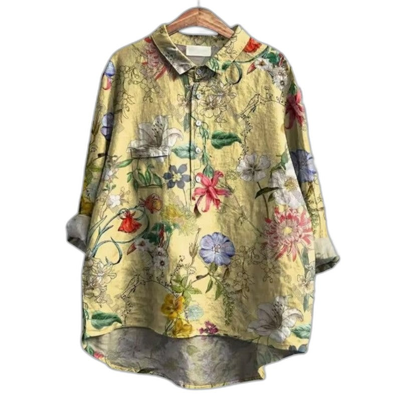 Effortless Floral Blouse for Women with Collared Long Sleeve Button Front Oversized Casual Style