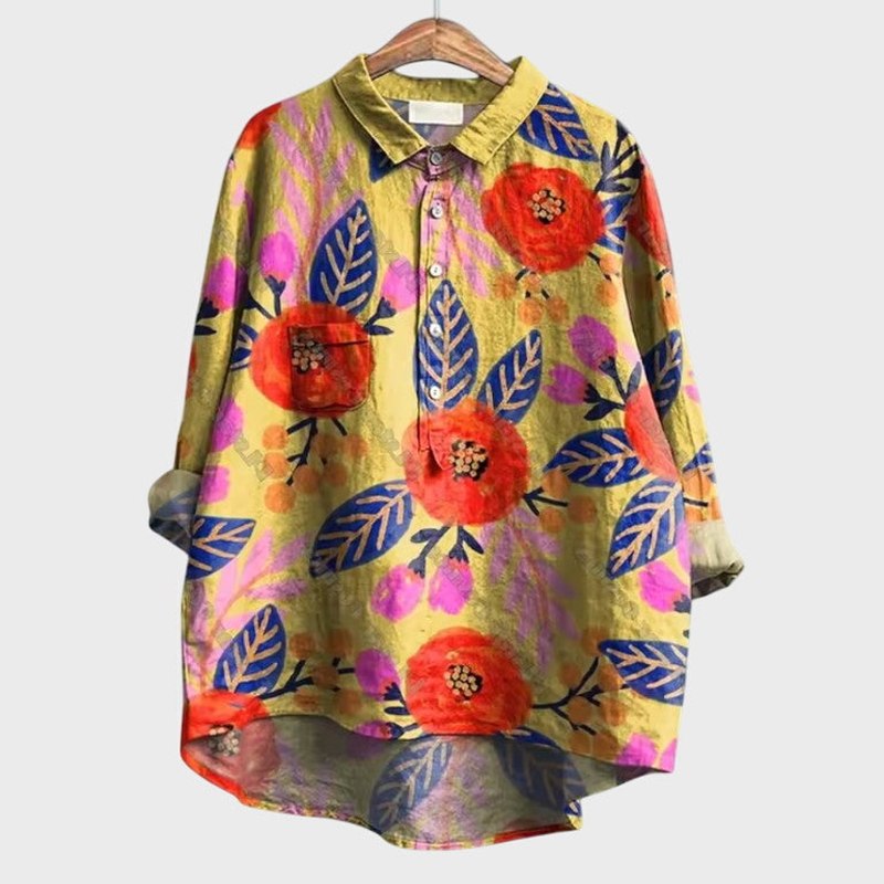 Effortless Floral Blouse for Women with Collared Long Sleeve Button Front Oversized Casual Style