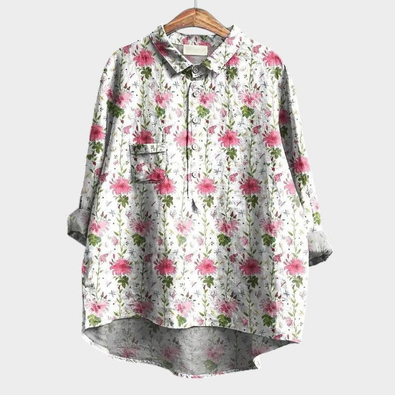 Effortless Floral Blouse for Women with Collared Long Sleeve Button Front Oversized Casual Style
