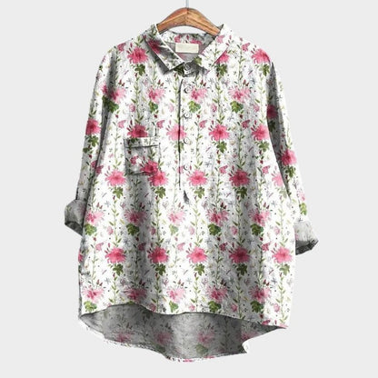 Effortless Floral Blouse for Women with Collared Long Sleeve Button Front Oversized Casual Style