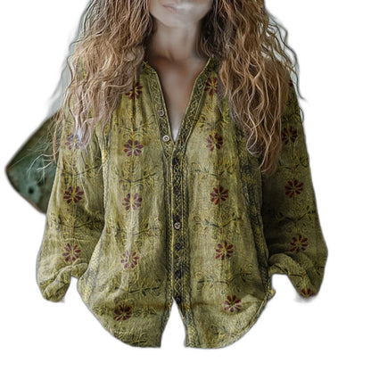 Effortless Floral Blouse for Women with Collared Long Sleeve Button Front Oversized Casual Style