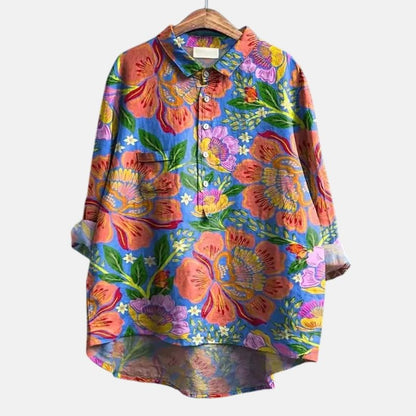 Effortless Floral Blouse for Women with Collared Long Sleeve Button Front Oversized Casual Style