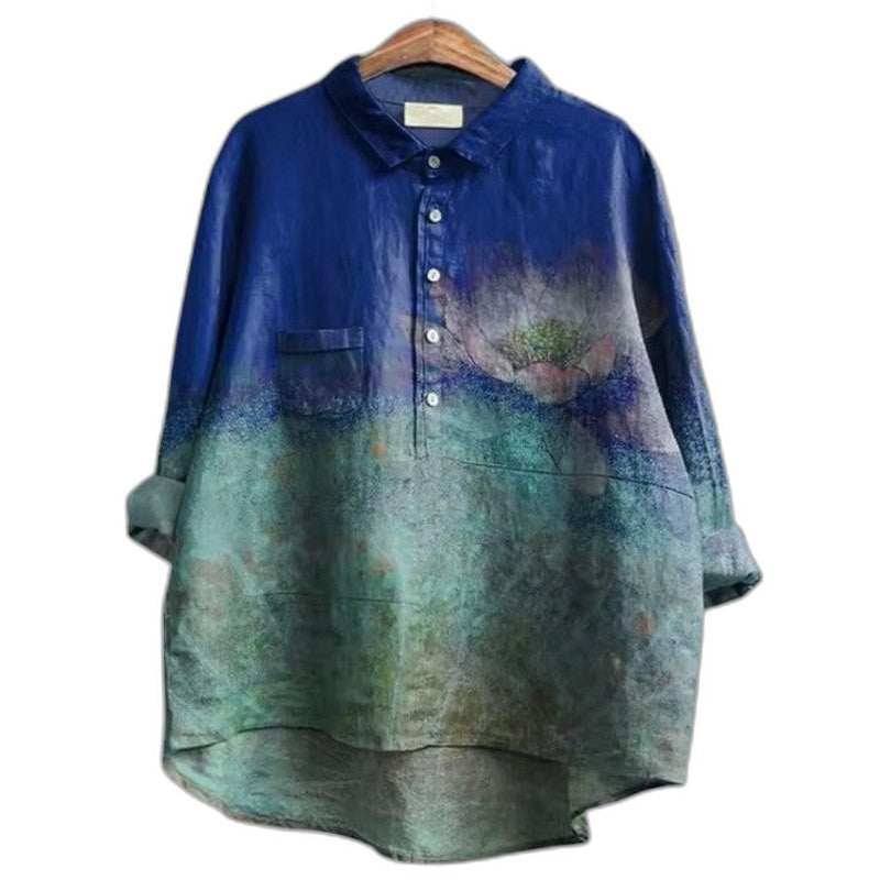 Effortless Floral Blouse for Women with Collared Long Sleeve Button Front Oversized Casual Style