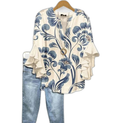 Effortless Floral Blouse for Women with Crew Neck Short Sleeve Ruffle Casual Style