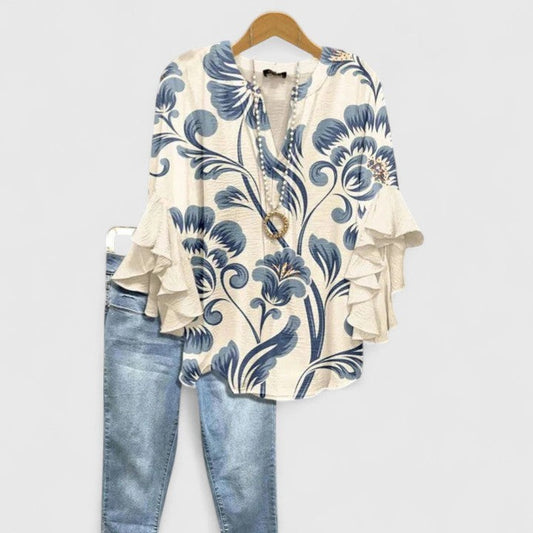 Effortless Floral Blouse for Women with Crew Neck Short Sleeve Ruffle Casual Style