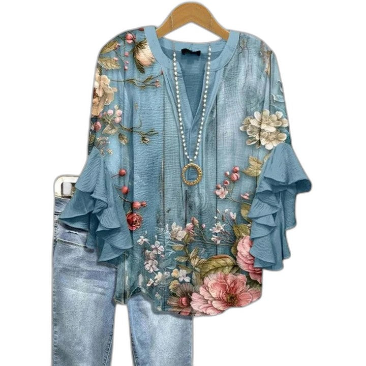 Effortless Floral Blouse for Women with Crew Neck Short Sleeve Ruffle Casual Style