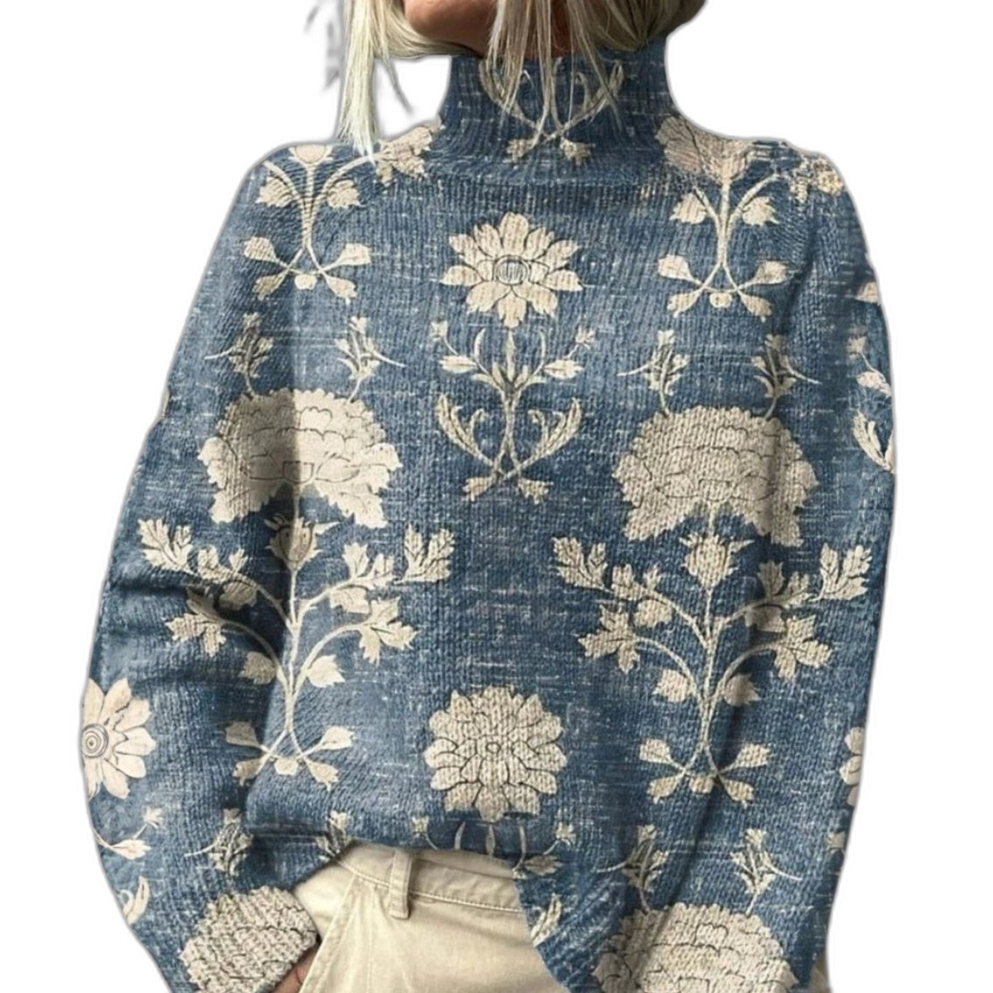 Effortless Floral Blouse for Women with High Neck Long Sleeve Flowing Oversized Casual Style