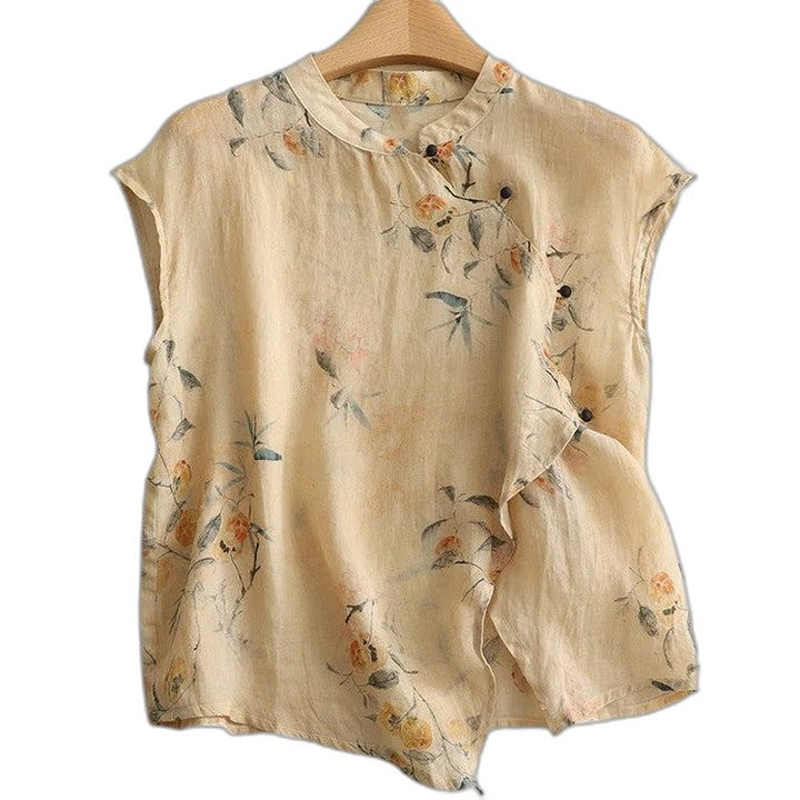 Effortless Floral Blouse for Women with High Neck Sleeveless Ruffle Casual Style