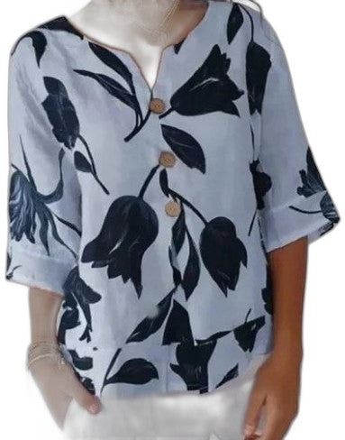 Effortless Floral Blouse for Women with V Neck Elbow Sleeve Button Front Flowing Oversized Casual Style