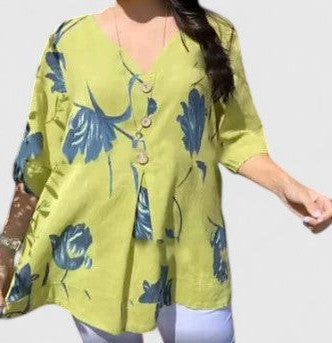 Effortless Floral Blouse for Women with V Neck Elbow Sleeve Button Front Flowing Oversized Casual Style