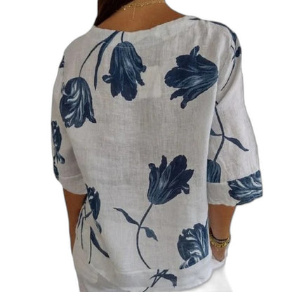 Effortless Floral Blouse for Women with V Neck Elbow Sleeve Button Front Flowing Oversized Casual Style