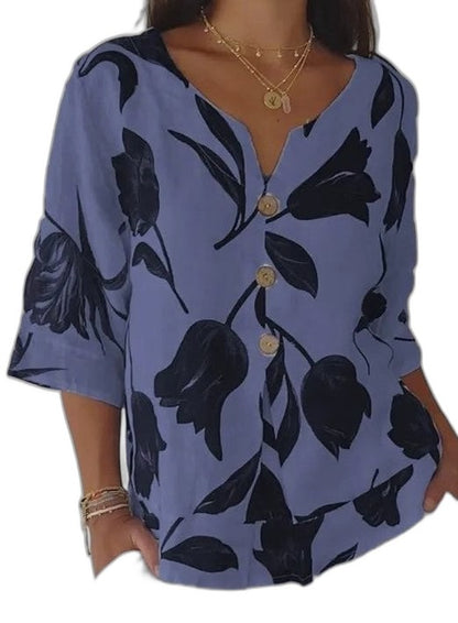 Effortless Floral Blouse for Women with V Neck Elbow Sleeve Button Front Flowing Oversized Casual Style