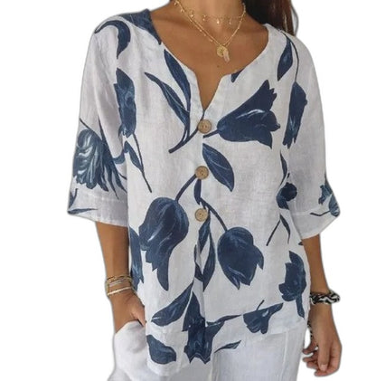 Effortless Floral Blouse for Women with V Neck Elbow Sleeve Button Front Flowing Oversized Casual Style