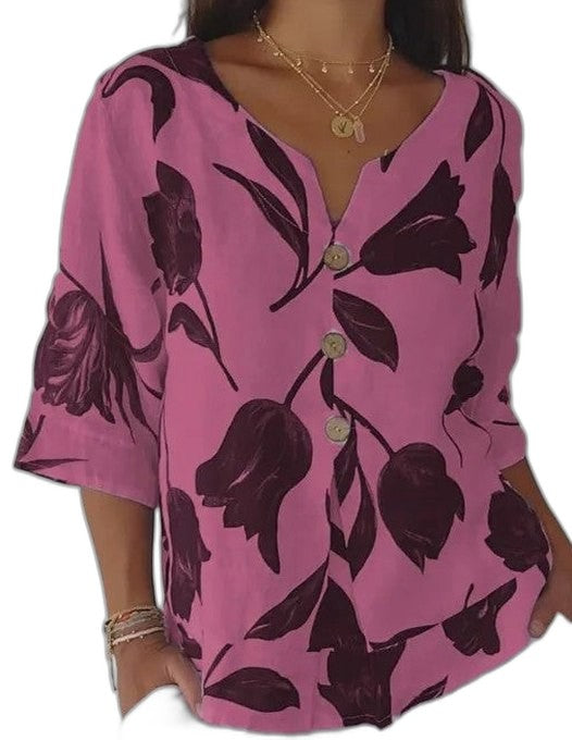 Effortless Floral Blouse for Women with V Neck Elbow Sleeve Button Front Flowing Oversized Casual Style