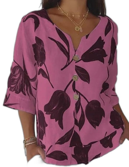 Effortless Floral Blouse for Women with V Neck Elbow Sleeve Button Front Flowing Oversized Casual Style