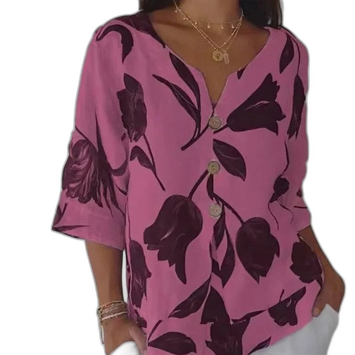 Effortless Floral Blouse for Women with V Neck Elbow Sleeve Button Front Flowing Oversized Casual Style