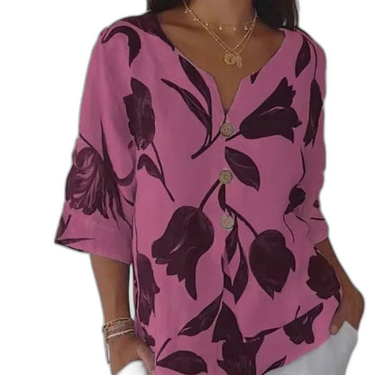 Effortless Floral Blouse for Women with V Neck Elbow Sleeve Button Front Flowing Oversized Casual Style