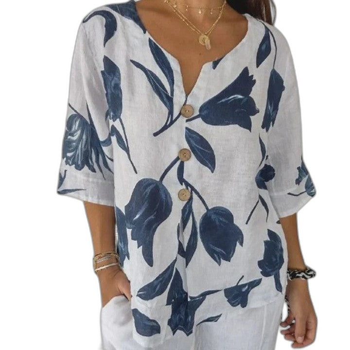 Effortless Floral Blouse for Women with V Neck Elbow Sleeve Button Front Flowing Oversized Casual Style