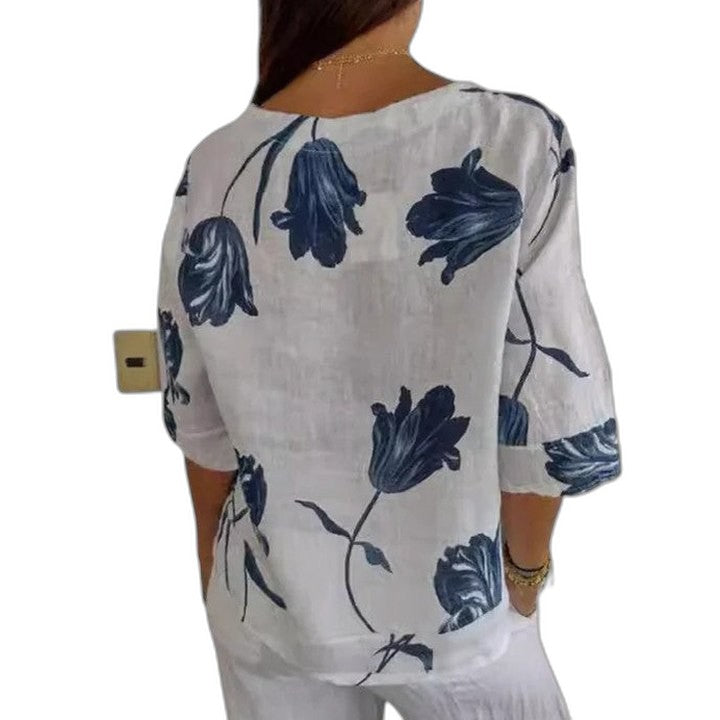 Effortless Floral Blouse for Women with V Neck Elbow Sleeve Button Front Flowing Oversized Casual Style