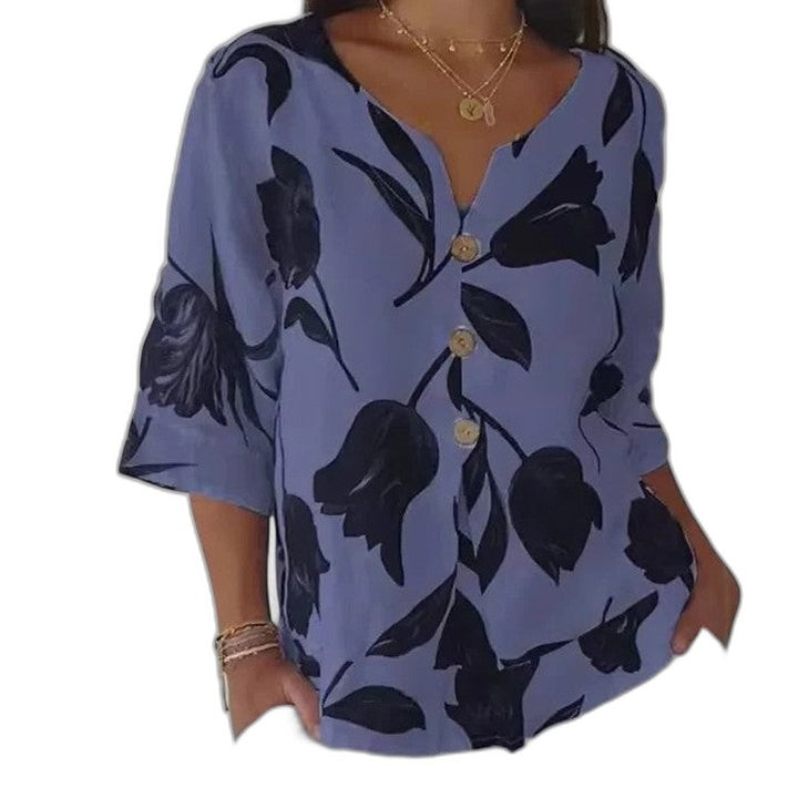 Effortless Floral Blouse for Women with V Neck Elbow Sleeve Button Front Flowing Oversized Casual Style