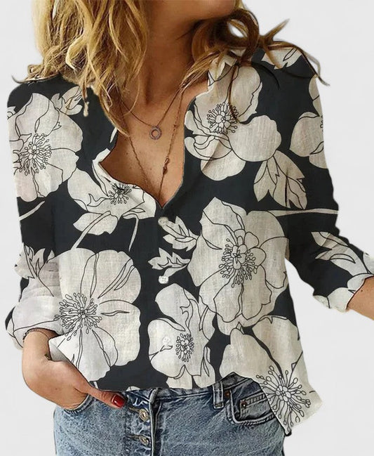 Effortless Floral Blouse for Women with V Neck Long Sleeve Button Front Flowing Casual Style