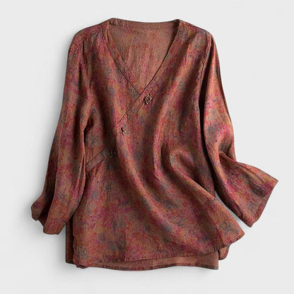 Effortless Floral Blouse for Women with V Neck Long Sleeve Button Front Flowing Casual Style