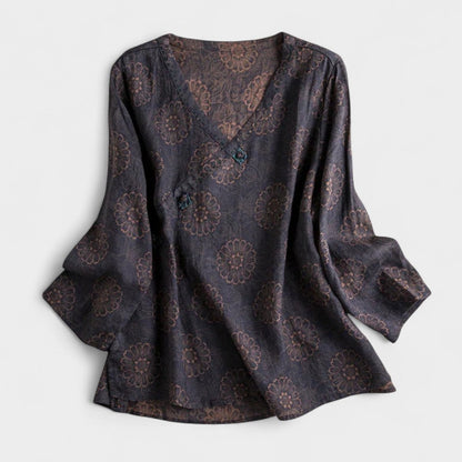 Effortless Floral Blouse for Women with V Neck Long Sleeve Button Front Flowing Casual Style