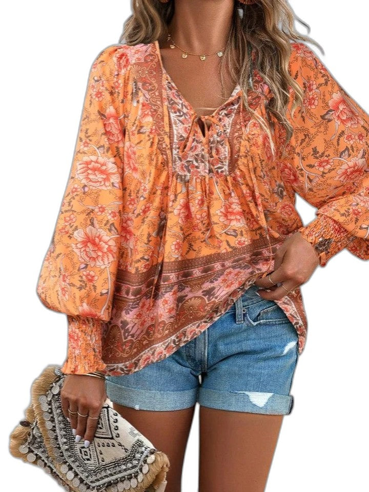 Effortless Floral Blouse for Women with V Neck Long Sleeve Flowing Casual Style