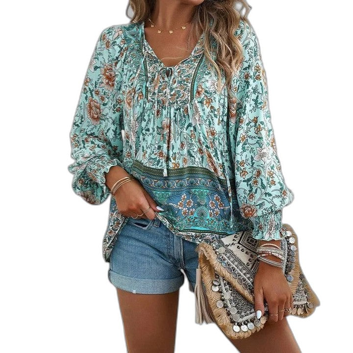 Effortless Floral Blouse for Women with V Neck Long Sleeve Flowing Casual Style