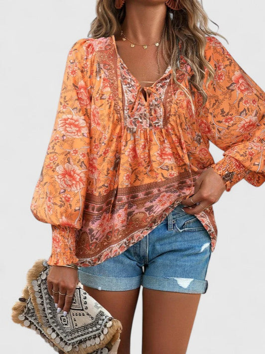 Effortless Floral Blouse for Women with V Neck Long Sleeve Flowing Casual Style