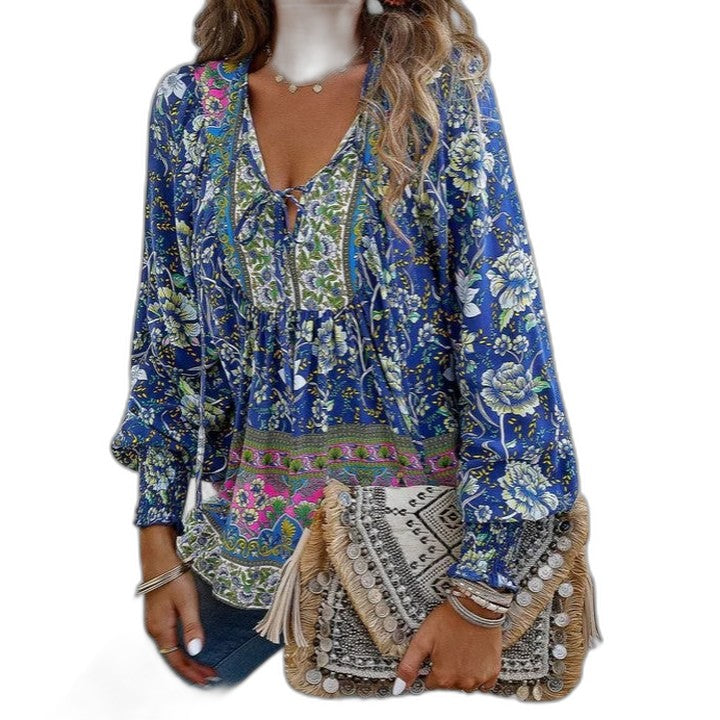 Effortless Floral Blouse for Women with V Neck Long Sleeve Flowing Casual Style