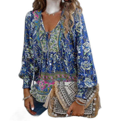 Effortless Floral Blouse for Women with V Neck Long Sleeve Flowing Casual Style