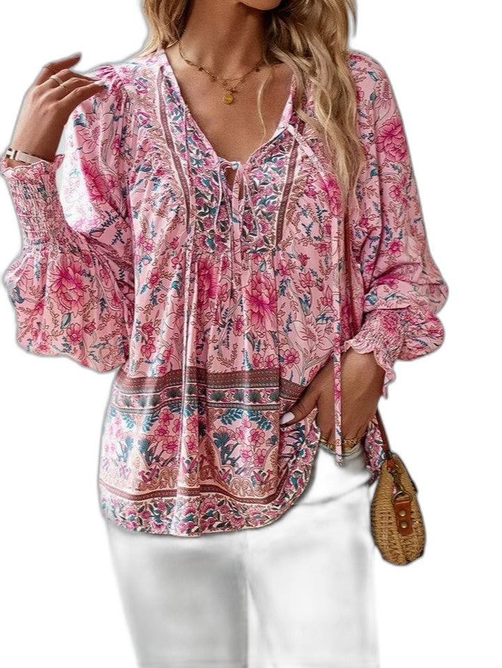 Effortless Floral Blouse for Women with V Neck Long Sleeve Flowing Casual Style