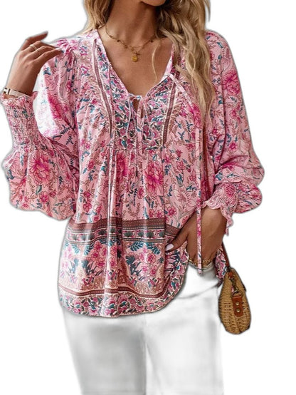 Effortless Floral Blouse for Women with V Neck Long Sleeve Flowing Casual Style