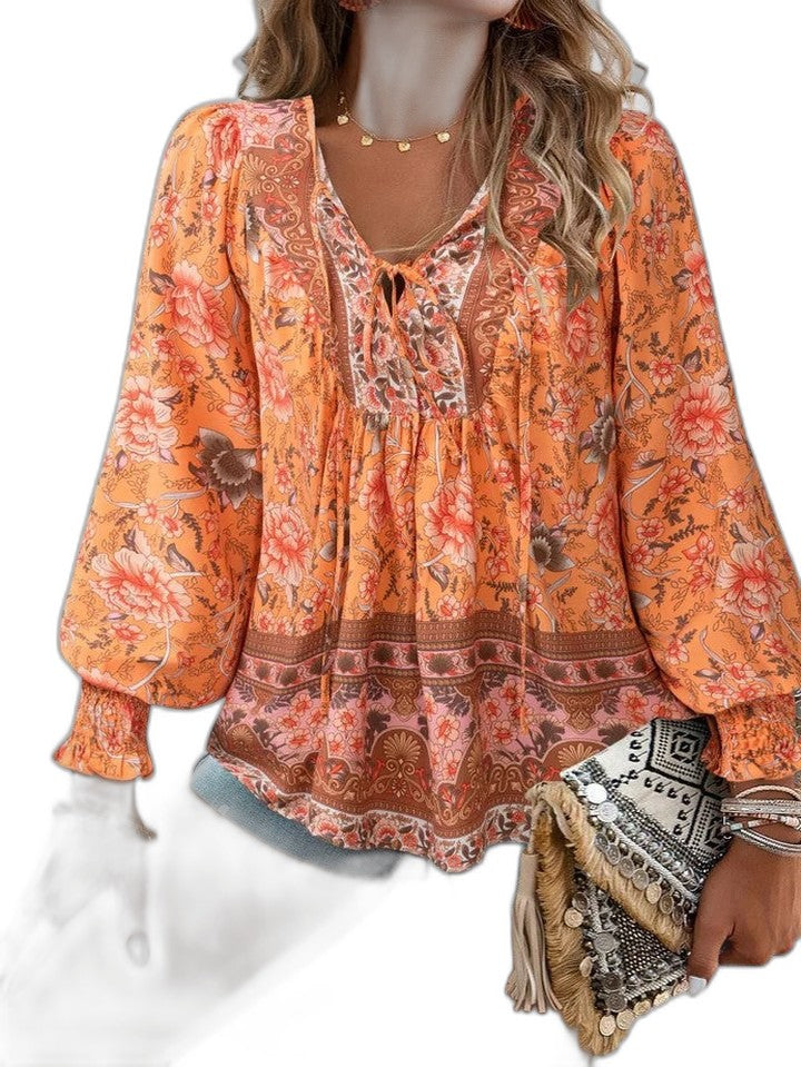 Effortless Floral Blouse for Women with V Neck Long Sleeve Flowing Casual Style