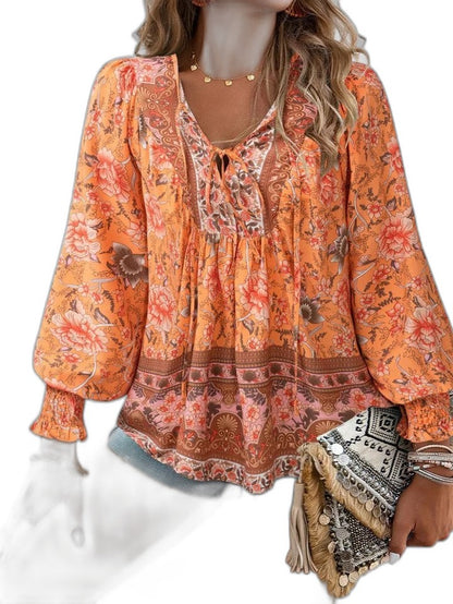 Effortless Floral Blouse for Women with V Neck Long Sleeve Flowing Casual Style